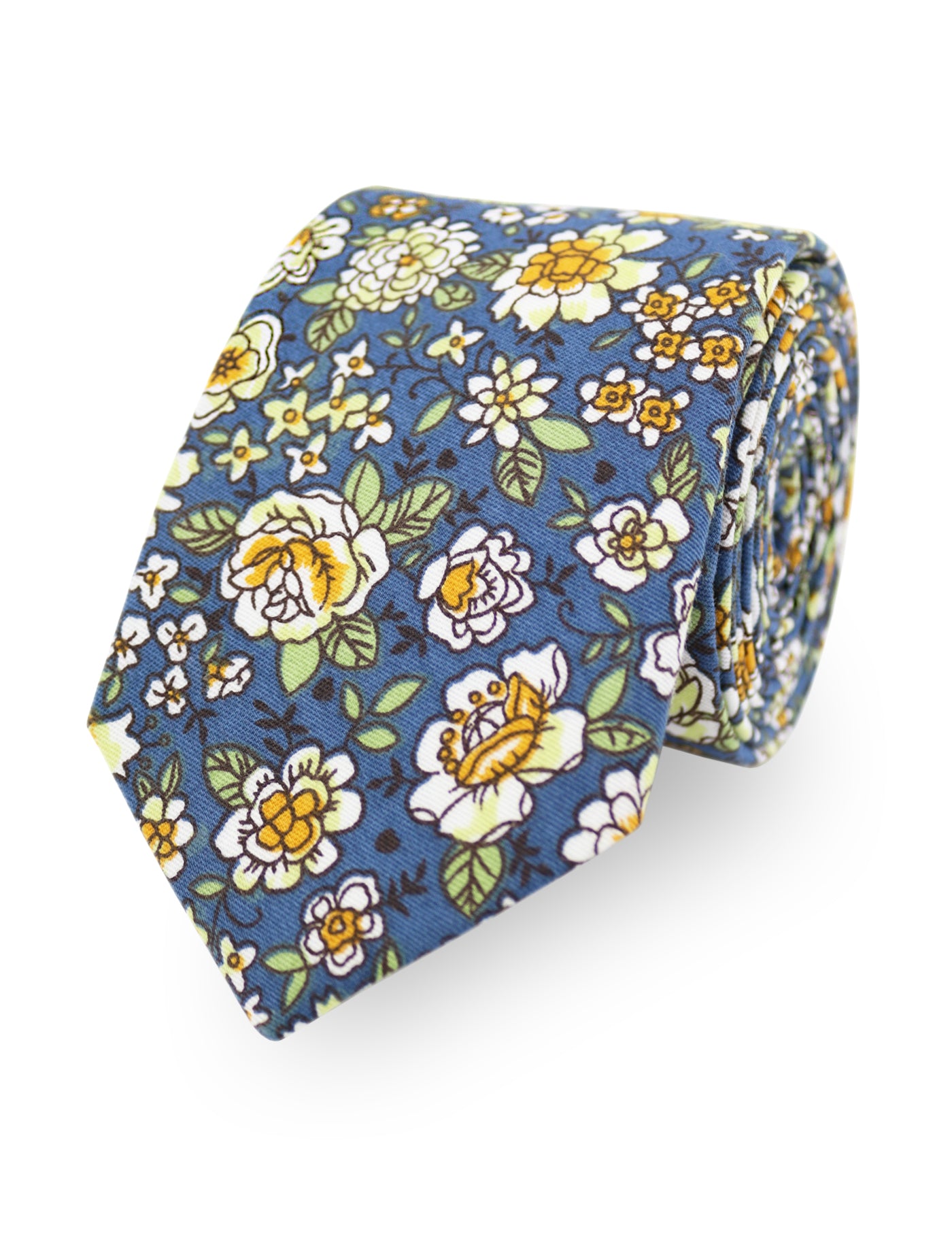 100% Cotton Floral Print Tie - Blue & Yellow