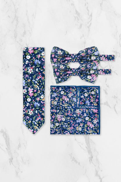 100% Cotton Floral Print Self-Tie Bow Tie - Blue & Pink