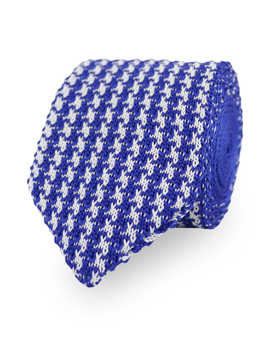 Houndstooth Design Knitted Tie With Diamond End - Royal Blue