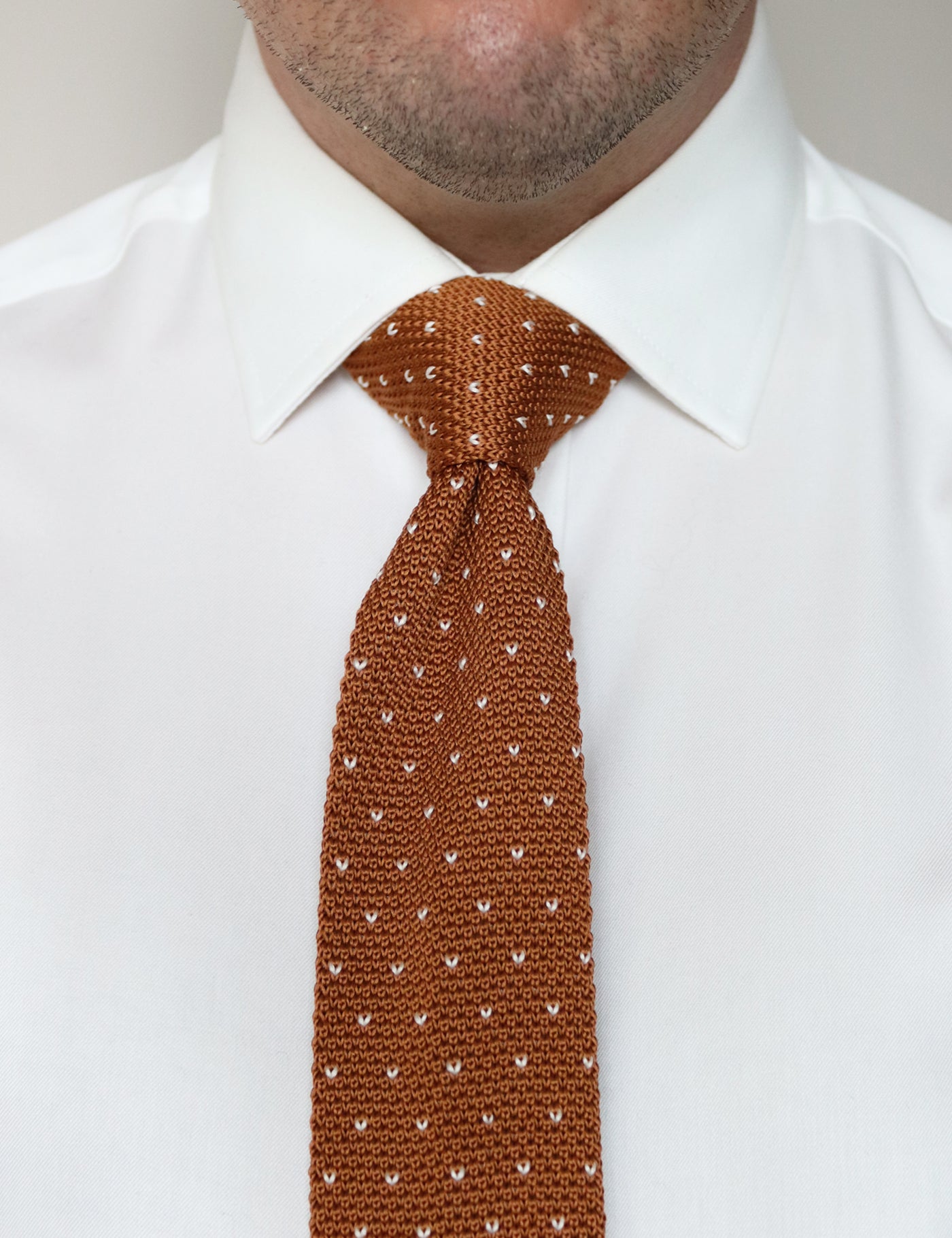 100% Polyester Square End Knitted Tie With Dots - Caramel Brown