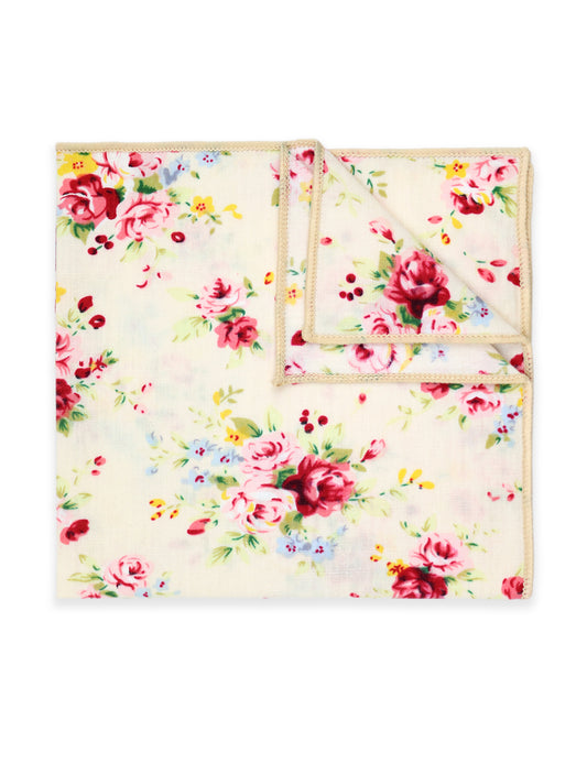 100% Cotton Floral Print Pocket Square - Cream & Pink