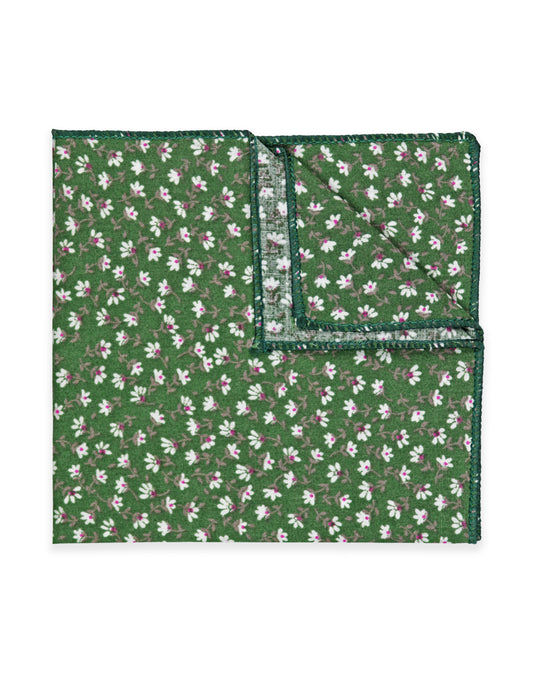 100% Cotton Floral Print Pocket Square - Green & White