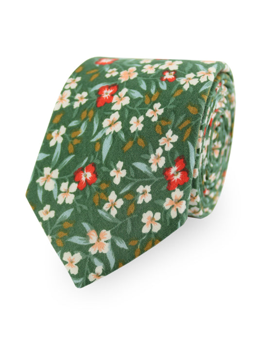 NEW - 100% Cotton Floral Print Tie - Green