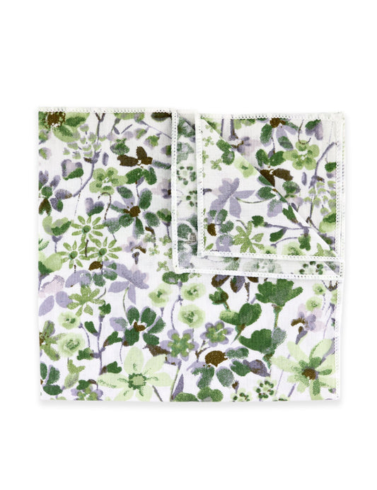 100% Cotton Floral Print Pocket Square - Green And White