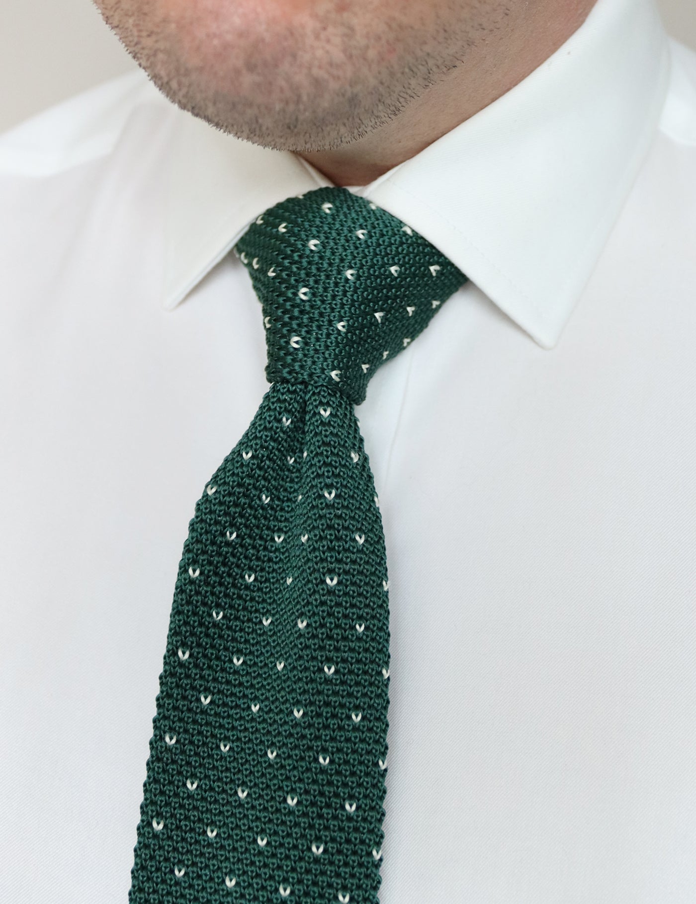 100% Polyester Square End Knitted Tie With Dots - Dark Green