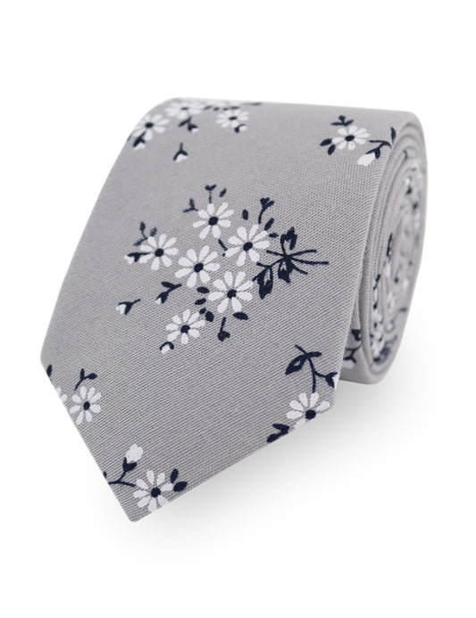 100% Cotton Floral Print Tie - Grey & Navy