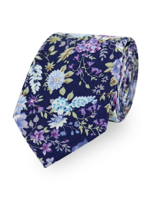 100% Cotton Floral Print Tie - Navy Blue & Purple