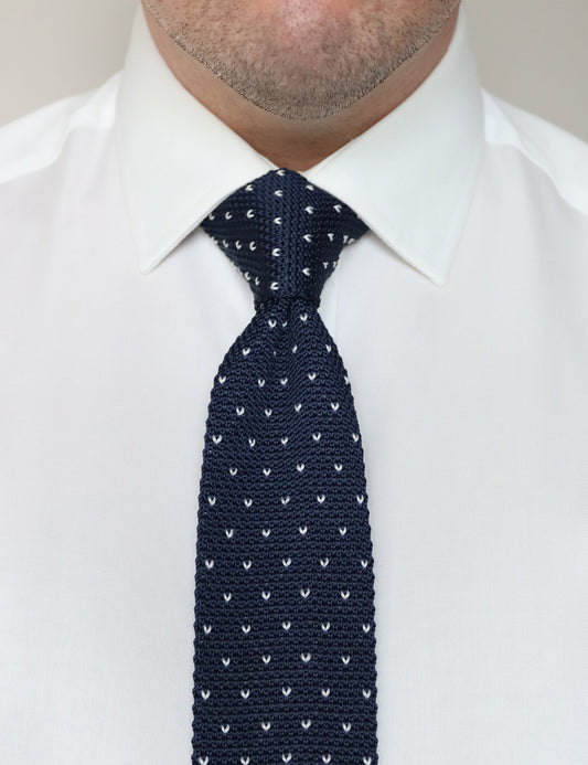 100% Polyester Square End Knitted Tie With Dots - Navy Blue