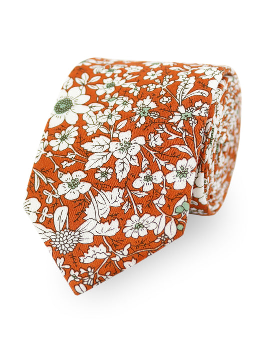 100% Cotton Floral Print Tie - Orange & White