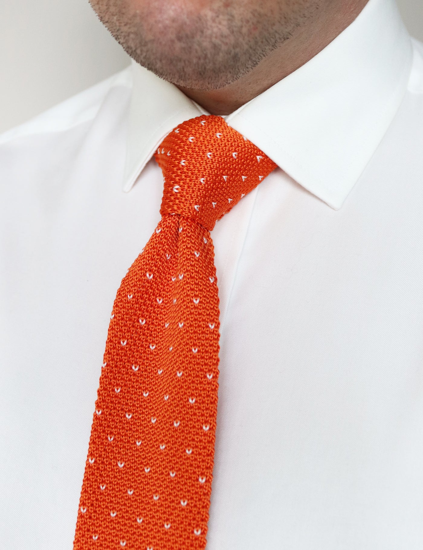 100% Polyester Square End Knitted Tie With Dots - Orange