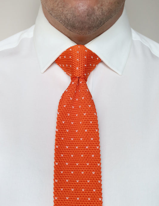 100% Polyester Square End Knitted Tie With Dots - Orange