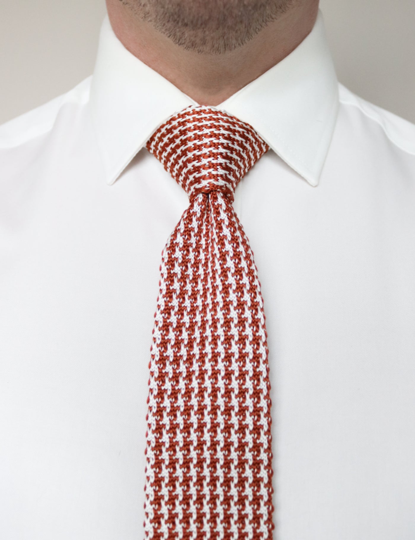 Houndstooth Design Knitted Tie With Diamond End - Rust Orange