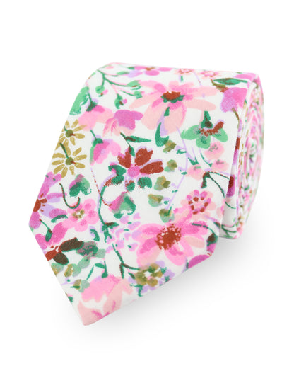 100% Cotton Floral Print Tie - Pink & White