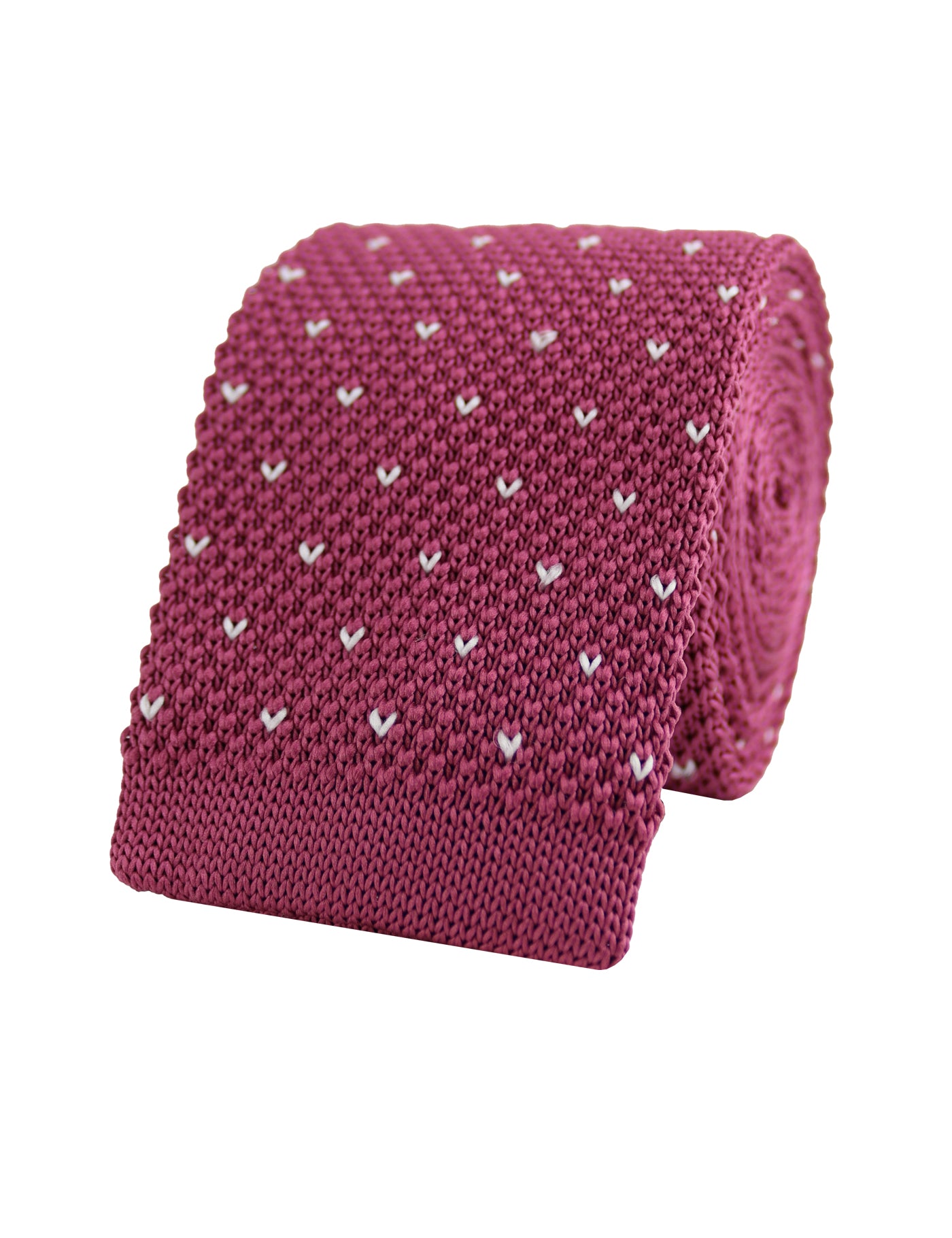 100% Polyester Square End Knitted Tie With Dots - Dark Pink