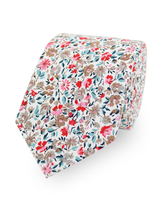 100% Cotton Floral Print Tie - Red & Blue