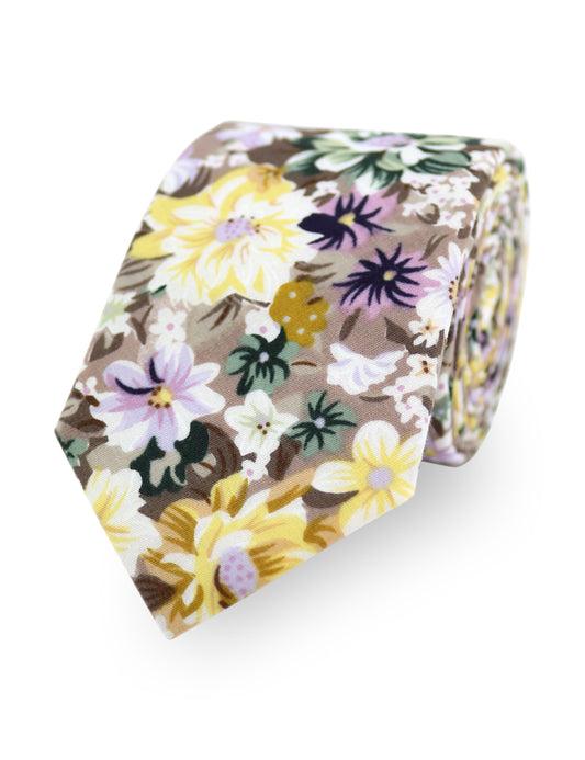 100% Cotton Floral Print Tie - Brown & Yellow