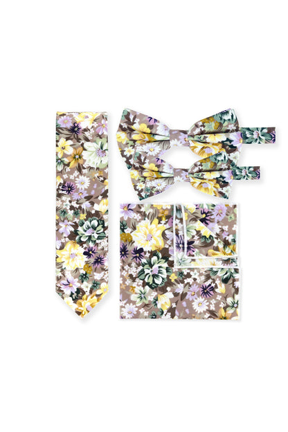 100% Cotton Floral Print Self-Tie Bow Tie - Brown & Yellow