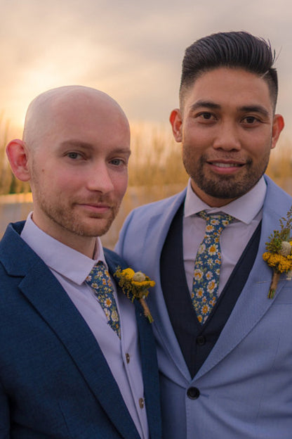 100% Cotton Floral Print Bow Tie - Blue & Yellow