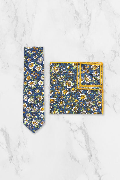 100% Cotton Floral Print Tie - Blue & Yellow