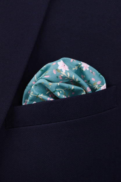 100% Cotton Floral Print Tie - Teal Blue & White