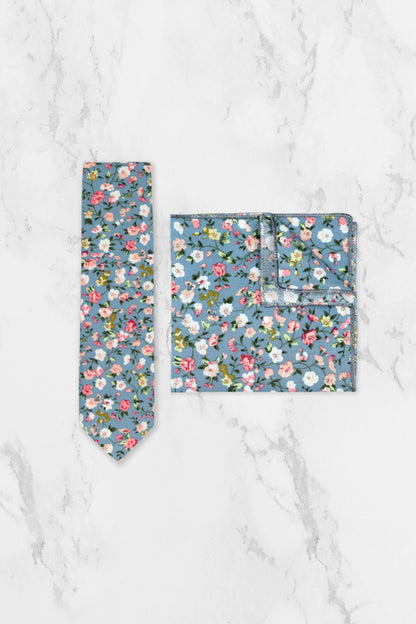 100% Cotton Floral Print Tie - Blue & Pink