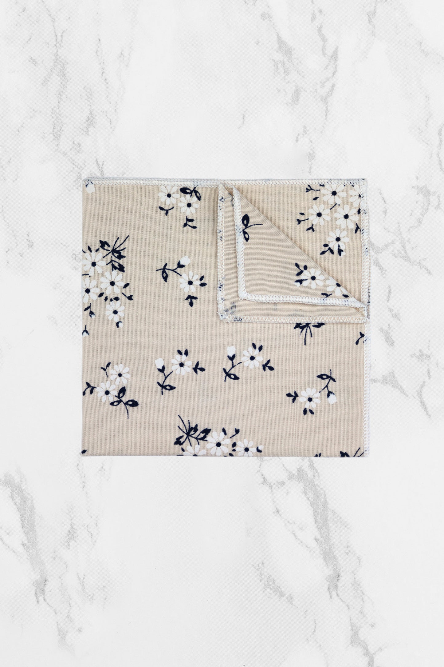 100% Cotton Floral Print Pocket Square - Cream & Navy