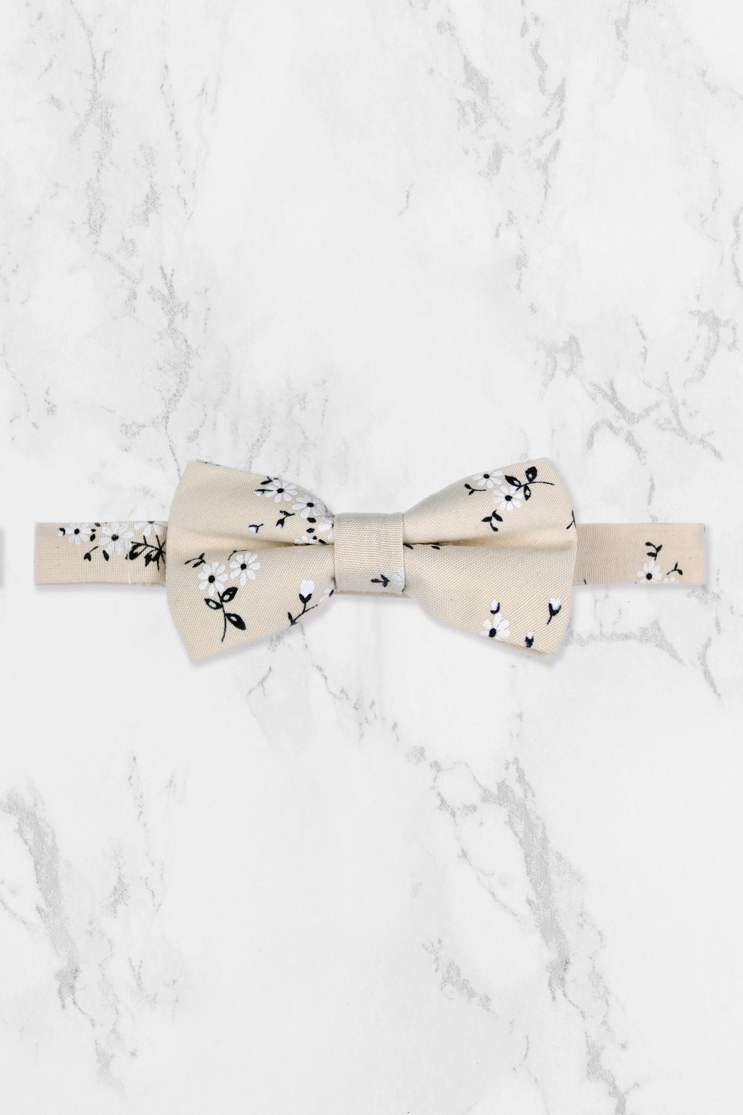 100% Cotton Floral Print Bow Tie - Cream & Navy