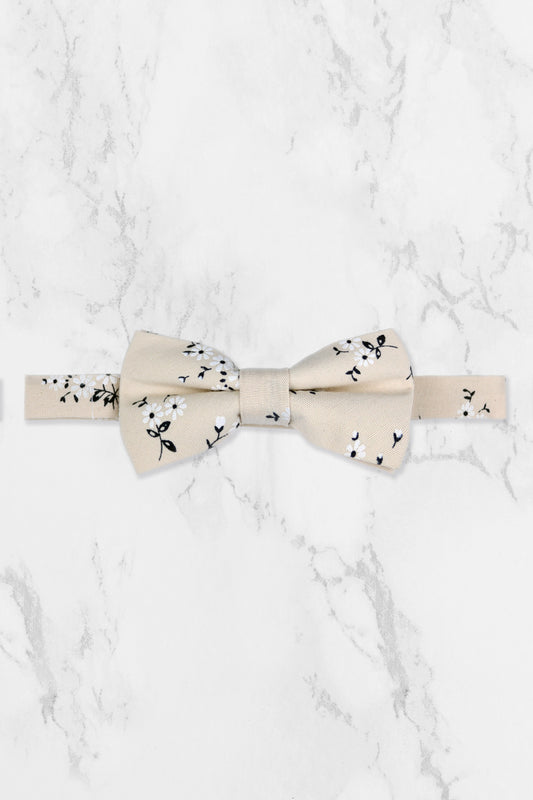 100% Cotton Floral Print Bow Tie - Cream & Navy