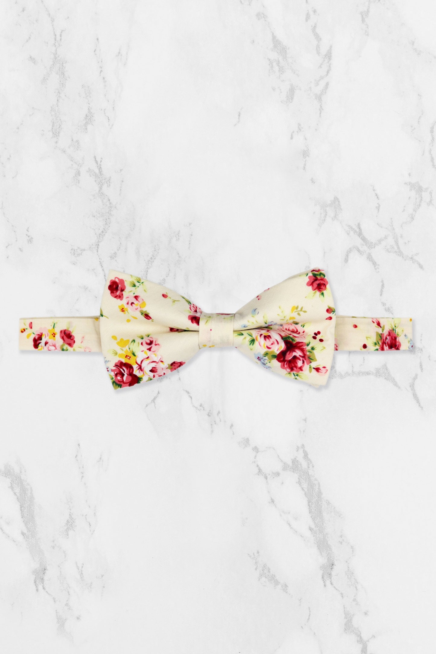 100% Cotton Floral Print Bow Tie - Cream & Pink