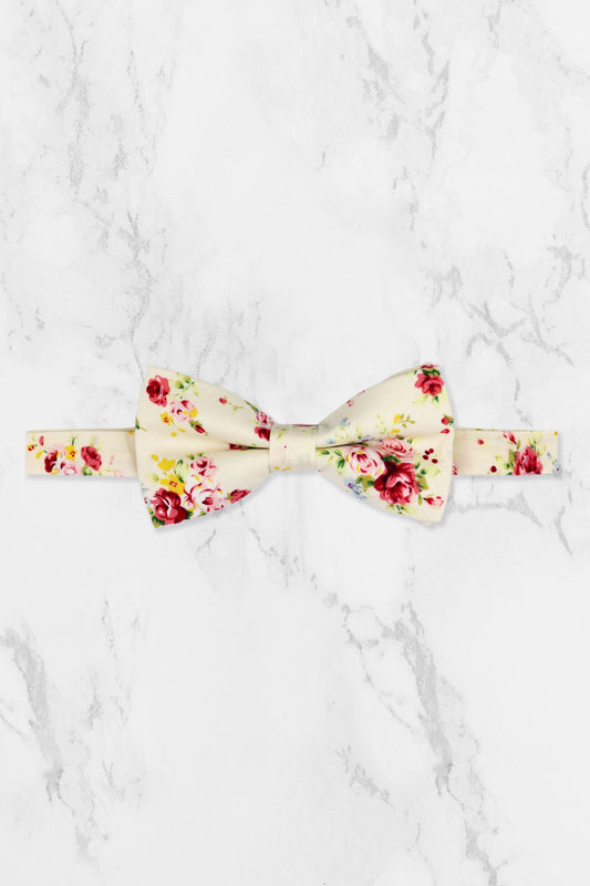 100% Cotton Floral Print Bow Tie - Cream & Pink