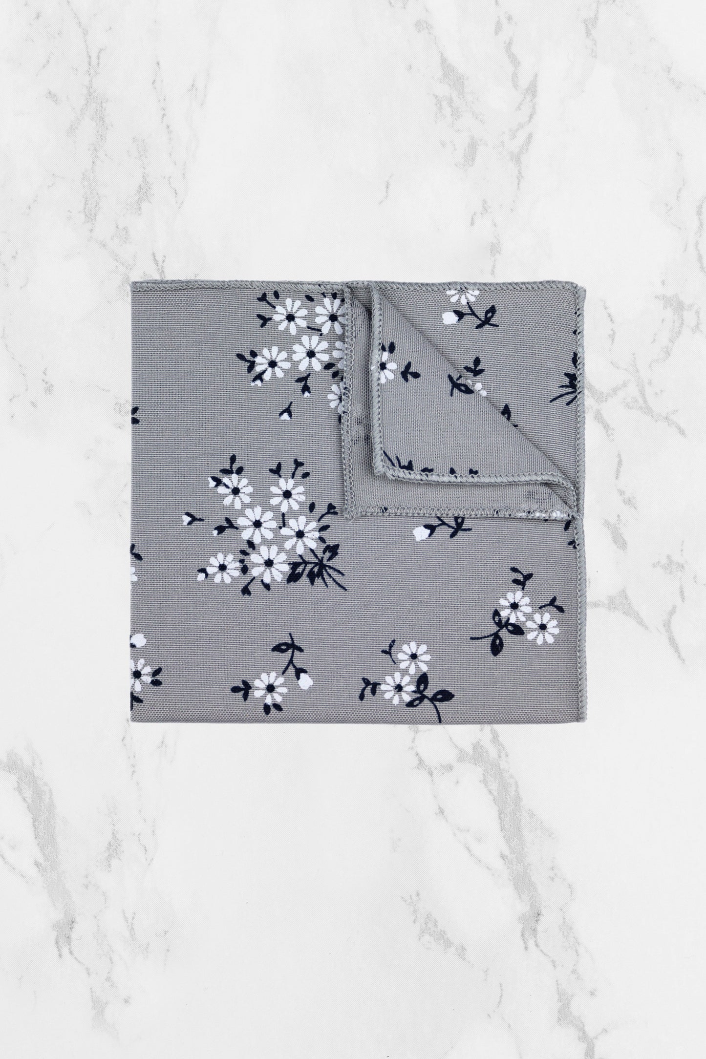 100% Cotton Floral Print Pocket Square - Grey & Navy