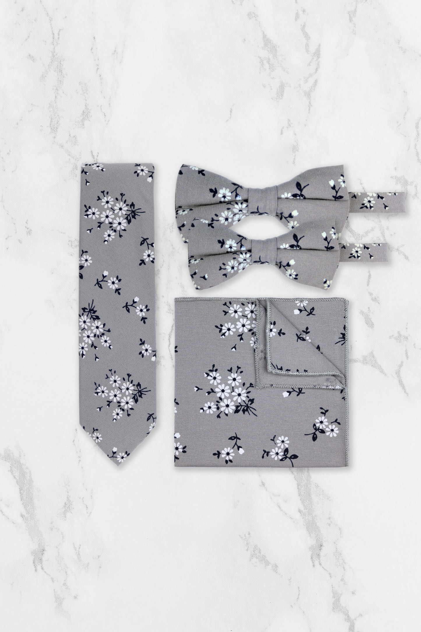 100% Cotton Floral Print Bow Tie - Grey & Navy