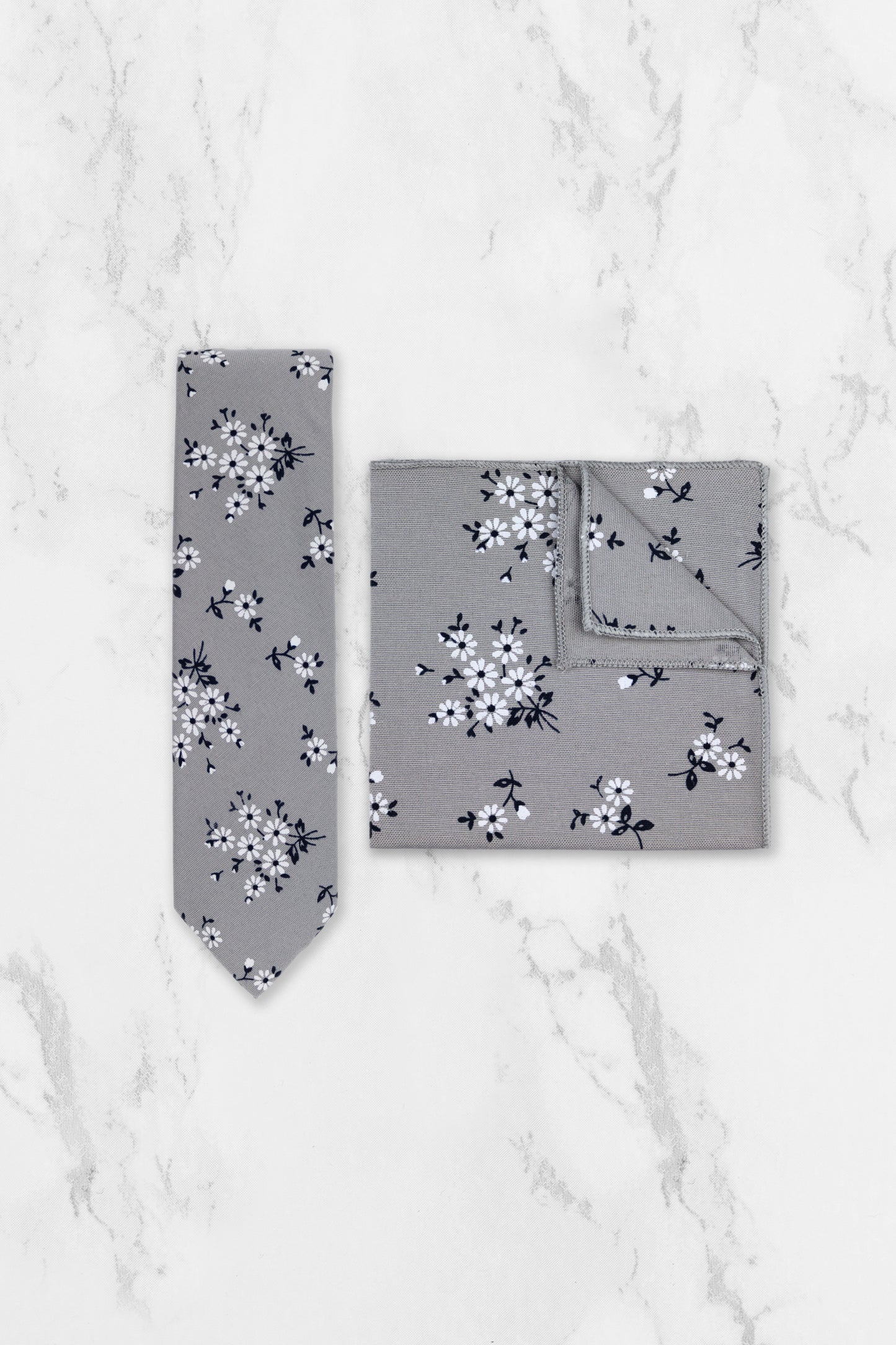 100% Cotton Floral Print Pocket Square - Grey & Navy