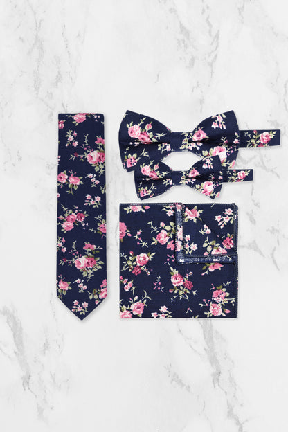 100% Cotton Floral Print Child Bow Tie - Navy Blue & Pink