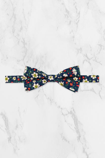 100% Cotton Floral Print Tie - Navy Blue, White & Red