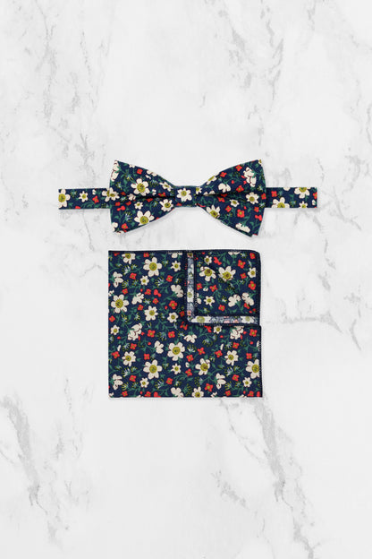 100% Cotton Floral Print Pocket Square - Navy Blue, White & Red