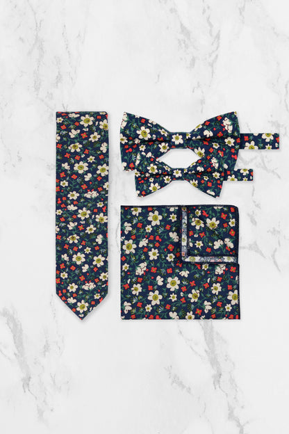 100% Cotton Floral Print Bow Tie - Navy Blue, White & Red