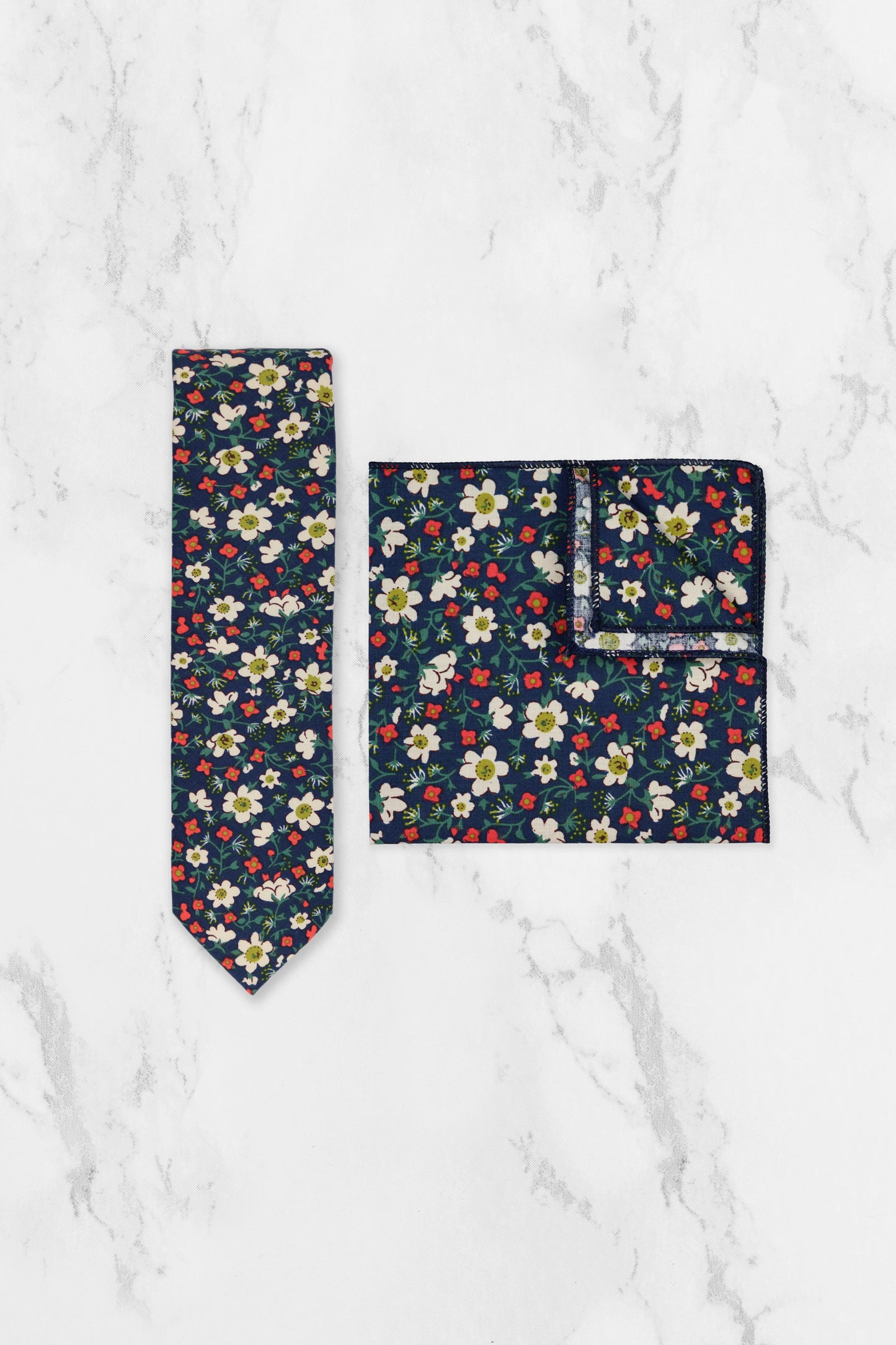 100% Cotton Floral Print Bow Tie - Navy Blue, White & Red