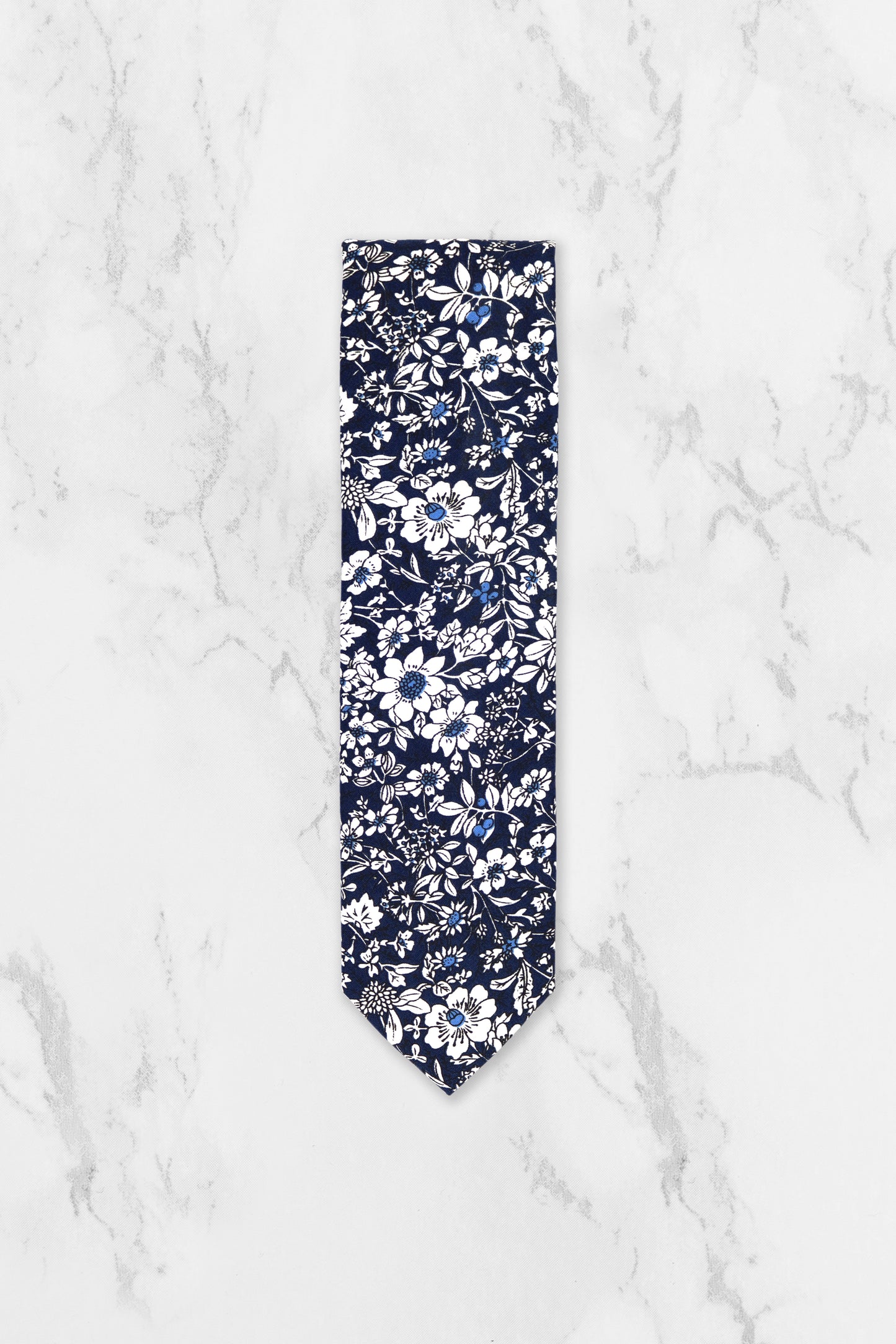 100% Cotton Floral Print Tie - Navy Blue & White