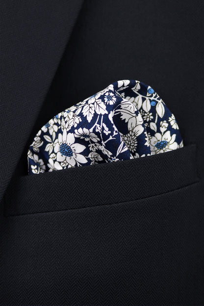 100% Cotton Floral Print Bow Tie - Navy Blue & White