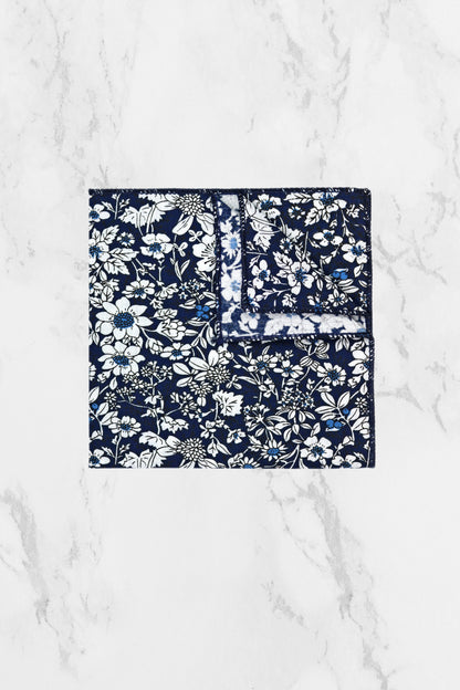 100% Cotton Floral Print Bow Tie - Navy Blue & White