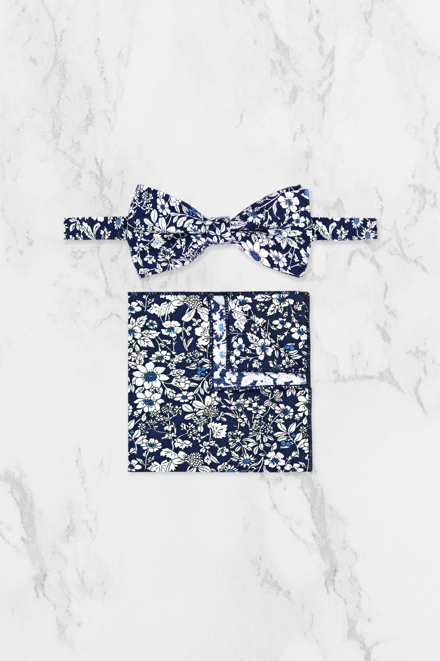 100% Cotton Floral Print Tie - Navy Blue & White