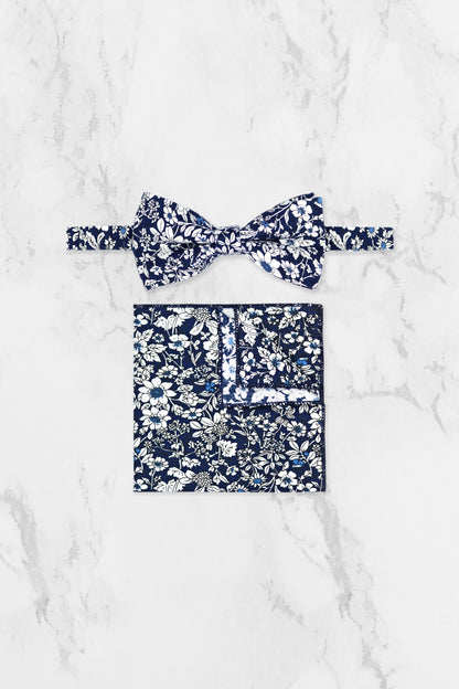 100% Cotton Floral Print Bow Tie - Navy Blue & White