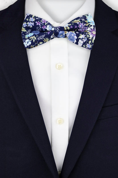 100% Cotton Floral Print Tie - Navy Blue & Purple