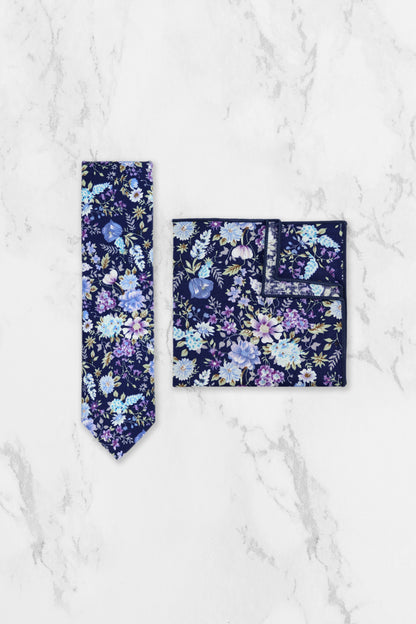 100% Cotton Floral Print Tie - Navy Blue & Purple