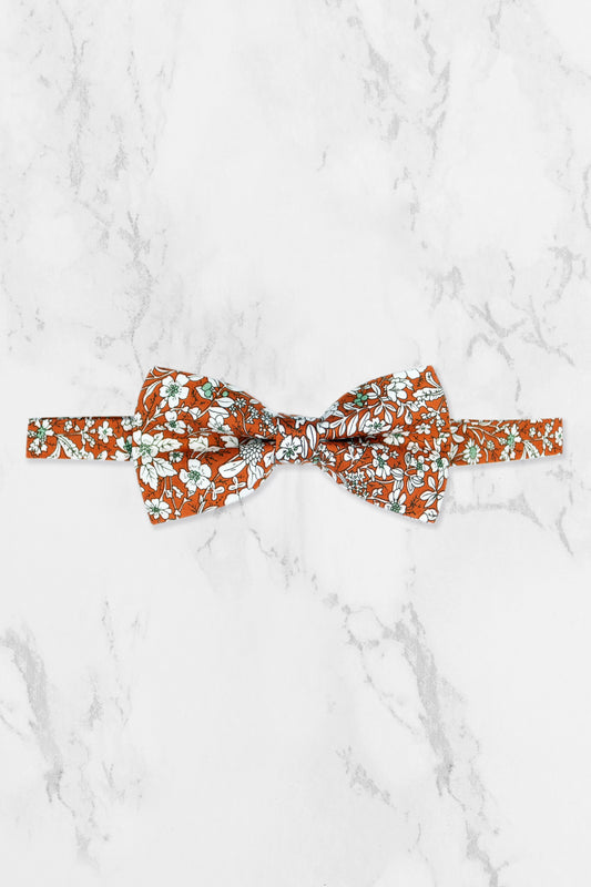 100% Cotton Floral Print Bow Tie - Orange & White